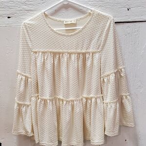 New In Boho Cream Ruffled Tiered Blouse with Flowing Sleeves Swiss Dot NWOT